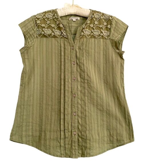 Orvis Olive Green Short Sleeve Top Lace Trim Small - Picture 1 of 6